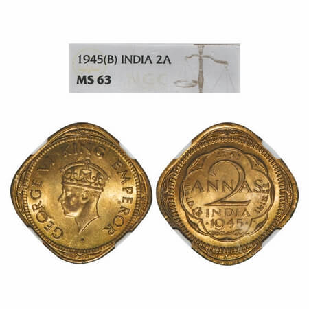 George VI, Brass-Nickel, 2 Annas, 1945, Bombay Mint, Dots by year, Head Type II, Tip of cr