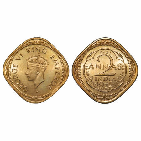 George VI, Brass-Nickel, 2 Annas, 1945, Bombay Mint, Dots by year, Head Type II, Tip of cr