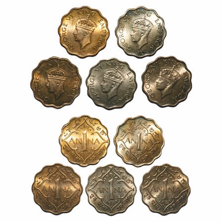 George VI, Mix-Metal, 1 Anna, (lot of 5 coins), 1 & 2) 1941, Bombay Mint, Head Type II, 3)