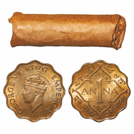 George VI, Brass-Nickel, 1 Anna, 1942, (Roll of 40 coins), Bombay Mint, Dot, Head Type II.