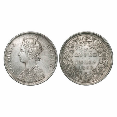 Victoria Queen, Silver, Rupee, 1862, Calcutta Mint, A/II(i), w/o initial 'J', Inclined 1, 