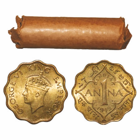 George VI, Brass-Nickel, 1 Anna, 1942, (Roll of 40 coins), Calcutta Mint, Head Type II, No