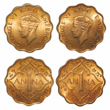 George VI, Brass-Nickel, 1 Anna, 1943, (2 coins), Bombay Mint, Head Type II, Dot, 1) Norma