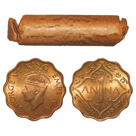 George VI, Brass-Nickel, 1 Anna, 1943, (Roll of 40 coins), Calcutta Mint, No dot, Head Typ