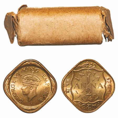 George VI, Brass-Nickel, 1/2 Anna, 1942, (Roll of 24 coins), Bombay Mint, No dots by India
