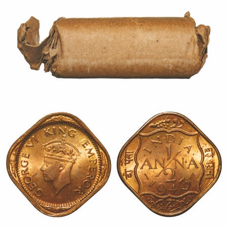 George VI, Brass-Nickel, 1/2 Anna, 1943, (Roll of 24 coins), Calcutta Mint, Dots by India,