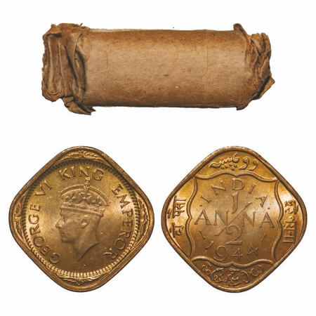 George VI, Brass-Nickel, 1/2 Anna, 1944, (Roll of 24 coins), Calcutta Mint, Dots by India,