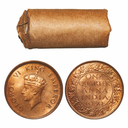 George VI, Bronze, Quarter Anna, 1939, (Roll of 32 coins), Bombay Mint, Dot, Head Type I. 