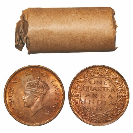 George VI, Bronze, Quarter Anna, 1941, (Roll of 32 coins), Calcutta Mint, Dot, Head Type I