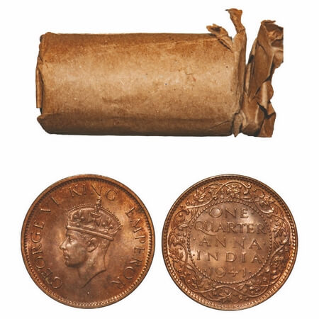 George VI, Bronze, Quarter Anna, 1941, (Roll of 32 coins), Calcutta Mint, No dot, Head Typ