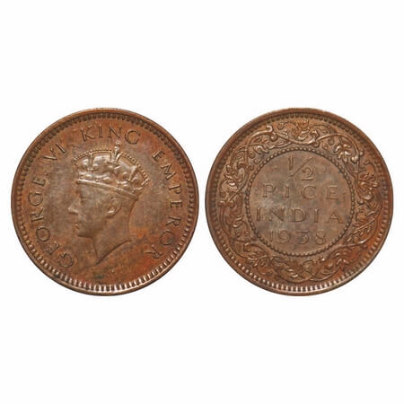 George VI, Bronze, 1/2 Pice, 1938, Calcutta Mint, No dot, Head Type I. F. Prid Unlisted. G