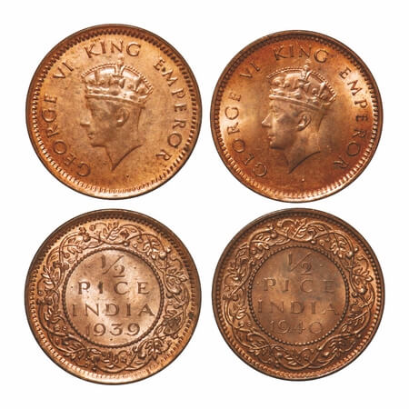 George VI, Bronze, 1/2 Pice, (2 coins), 1) 1939, Bombay Mint, Dot, Head Type I, 2) 1940, C