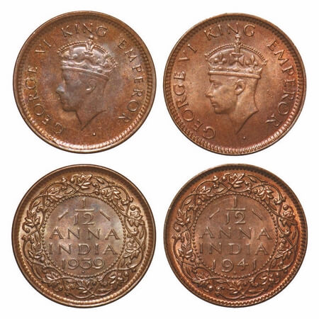 George VI, Bronze, 1/12 Anna, (2 coins), Bombay Mint, 1) 1939, Head Type I, Dot, 2) 1941, 