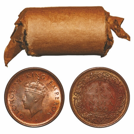 George VI, Bronze, 1/12 Anna, 1939, (Roll of 24 coins), Bombay Mint, Dot, Head Type I. F. 