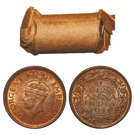 George VI, Bronze, 1/12 Anna, 1941, (Roll of 24 coins), Bombay Mint, Dot, Head Type II. F.