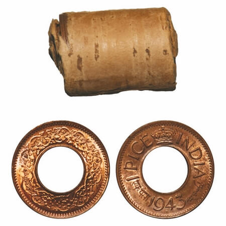 George VI, Bronze, 1 Pice, 1943, (Roll of 24 coins), Bombay Mint, Dot, High Crown. F. Prid