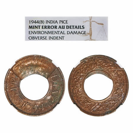 George VI, Bronze, 1 Pice, 1944, BombayMint, Dot, Flat Crown, Error, Indent on Obv. F. Pri