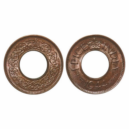 George VI, Bronze, 1 Pice, 1944, Lahore Mint, High Crown, 'L' raised, Die crack on Obv. F.
