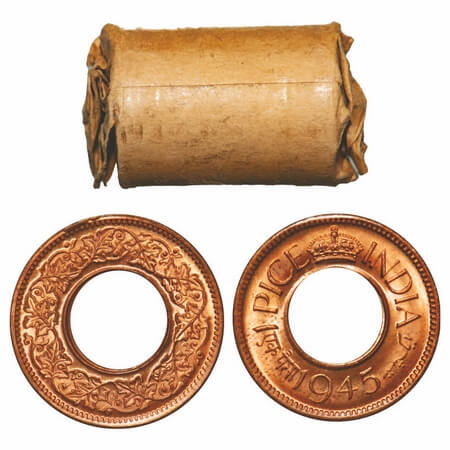 George VI, Bronze, 1 Pice, 1945, (Roll of 24 coins), Calcutta Mint, Flat Crown, No mint ma