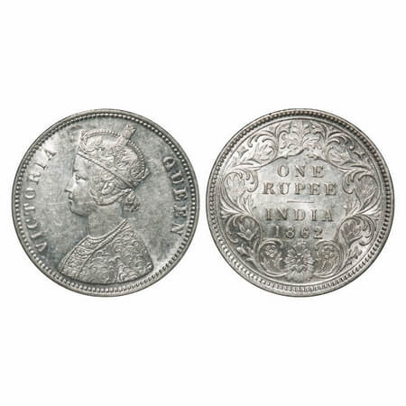Victoria Queen, Silver, Rupee, 1862, Calcutta Mint, A/I, With initial 'J', Flat 1. F. Prid