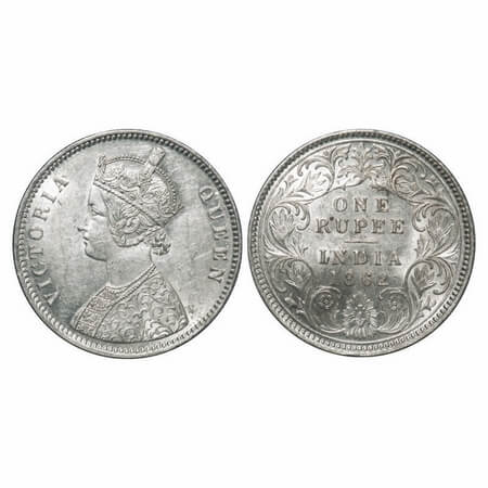 Victoria Queen, Silver, Rupee, 1862, Calcutta Mint, A/I, With initial 'J', Flat 1. F. Prid