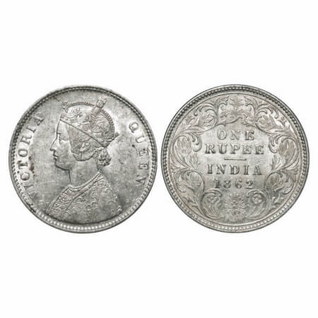 Victoria Queen, Silver, Rupee, 1862, Calcutta Mint, A/I, w/o initial 'J', Flat 1. F. Prid 