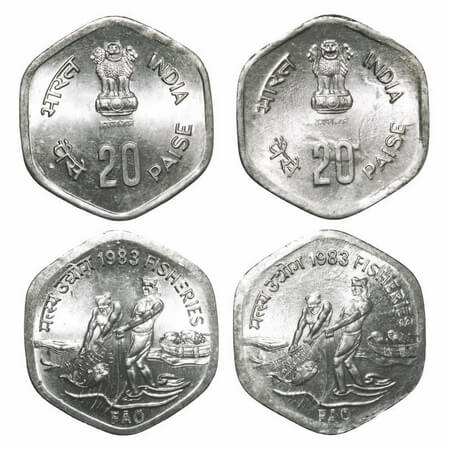 20 Paise (2 Coins), 1983, Aluminium, Fisheries, Calcutta & Hyderabad Mint. Mint State. Sca