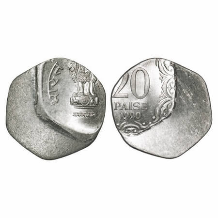 20 Paise, 1990, Aluminium, Calcutta Mint, 50% die shift error, Uncirculated, Scarce.