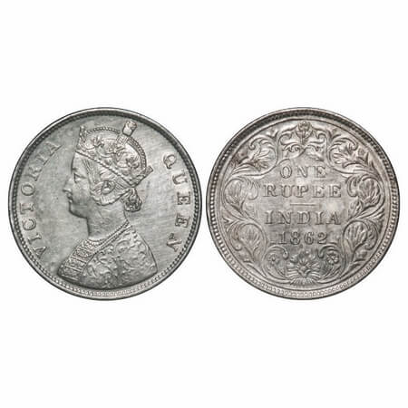 Victoria Queen, Silver, Rupee, 1862, Madras Mint, B/II, w/o enclosed frame effect and w/o 