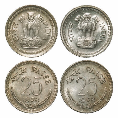 25 Paise (2 Coins), 1978, Cu-Ni, Bombay Mint, 2 different lions on obverse. Uncirculated, 