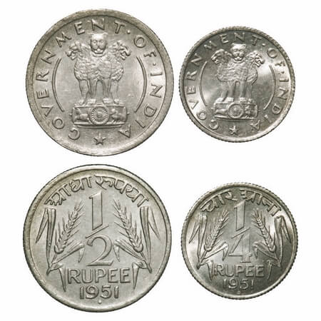 1/2 & 1/4 Rupee (2 Coins). 1951, Nickel, Bombay Mint. Extremely Fine to Uncirculated, Very