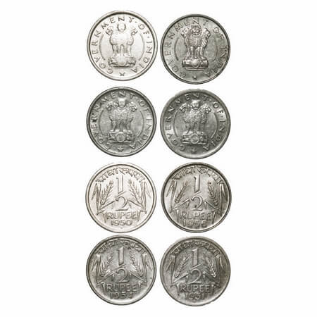 1/2 Rupee (4 Coins). Nickel, 1950 & 1951 Bombay Mint, 1954 & 1956 Calcutta Mint. Extremely