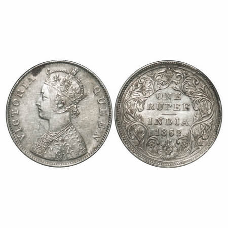 Victoria Queen, Silver, Rupee, 1862, Madras Mint, B/II, Inclined 1, With enclosed frame ef