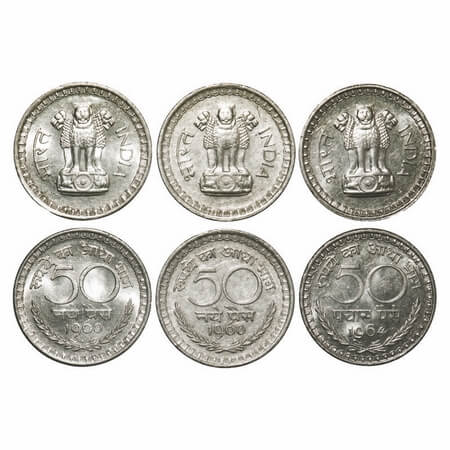 50 Paise (3 Coins). Nickel, 1960 (2) Bombay & Calcutta Mint, 1964 Calcutta Mint. Mint Stat