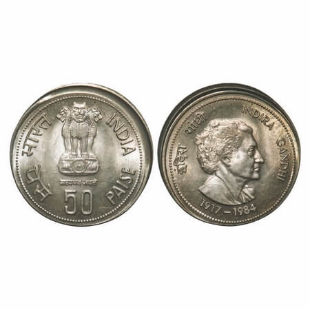 50 Paise. 1985, Cu-Ni, Calcutta Mint. Indira Gandhi. Die shift & capped error. Brilliant U