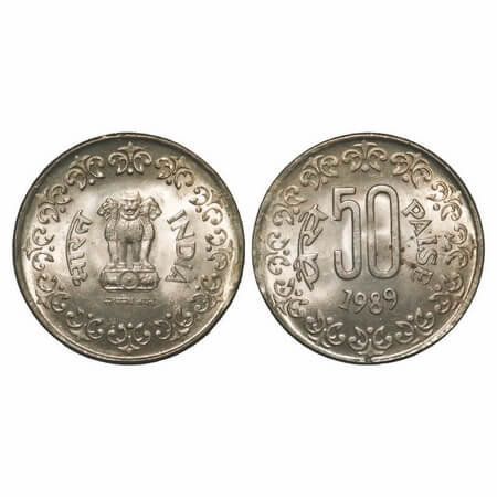 50 Paise, 1989, Cu-Ni, Calcutta Mint. Brilliant Uncirculated, Very Scarce.