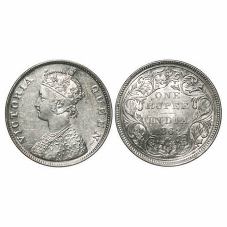 Victoria Queen, Silver, Rupee, 1862, Madras Mint, B/II, With enclosed frame effect and w/o