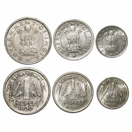 1, 1/2, 1/4 Rupee (3 Coins). Nickel, 1950, Bombay Mint. Uncirculated, Rare.