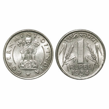 1 Rupee, 1954, Cu-Ni, Bombay Mint. Uncirculated, Rare.