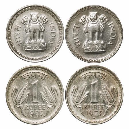 1 Rupee (2 Coins), 1975, Cu-Ni, Bombay Mint, 2 different lions on obverse. Very Fine to Ve