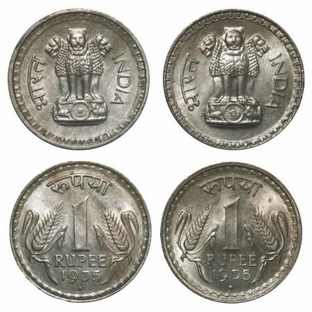 1 Rupees (2 Coins), 1975, Cu-Ni, Bombay Mint, 2 different lions on obverse. Uncirculated, 
