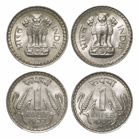 1 Rupees (2 Coins), 1977, Cu-Ni, Bombay Mint, 2 different lions on obverse. Uncirculated, 