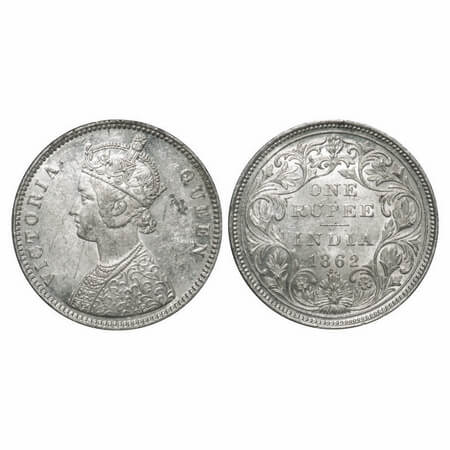 Victoria Queen, Silver, Rupee, 1862, Madras Mint, B/II, Inclined 1, With enclosed frame ef