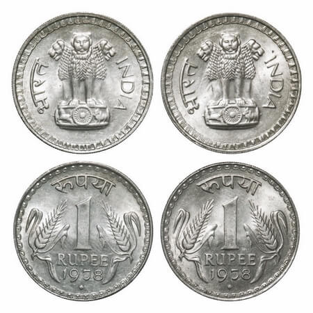 1 Rupees (2 Coins), 1978, Cu-Ni, Bombay Mint, 2 different lions on obverse. Uncirculated, 
