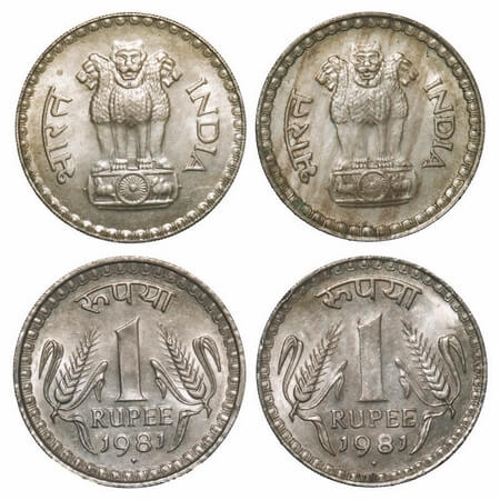 1 Rupees (2 Coins), 1981, Cu-Ni, Bombay Mint, 2 different lions on obverse. Uncirculated,