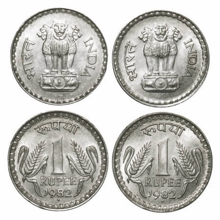 1 Rupee (2 Coins), 1982, Cu-Ni, Bombay Mint, 2 different lions on obverse. Uncirculated, V