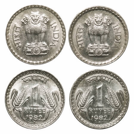 1 Rupee (2 Coins), 1982, Cu-Ni, Bombay Mint, 2 different obverse. Very Fine to Extremely F
