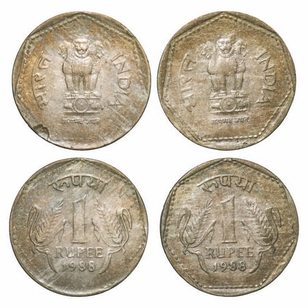 1 Rupee (2 Coins), 1988, Cu-Ni, 2 different rim, Plain & Security edge. Extremely Fine to 