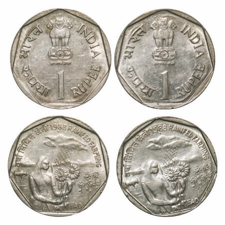 1 Rupee (2 Coins), 1988, Cu-Ni, Rainfed Farming, Bombay Mint, 2 different numeral 9 of yea