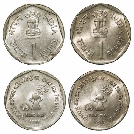 1 Rupee (2 Coins), 1990, Cu-Ni, Care for the Girl Child, 2 different rim, Milled & Securit